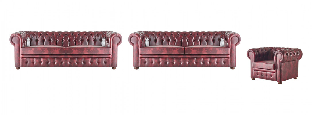 Klassieke leren bank, bankstellen, 3-zitsbank, fauteuil Chesterfield set 3-delig.