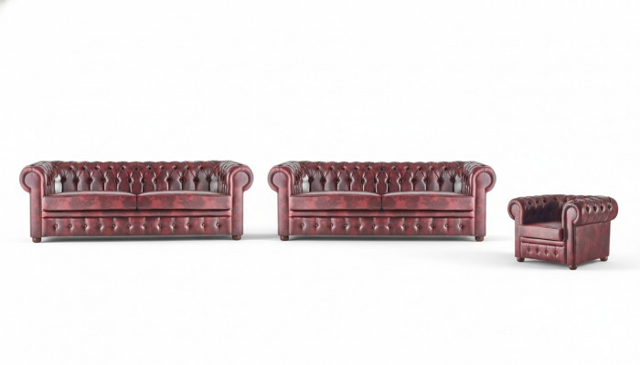 Klassieke leren bank, bankstellen, 3-zitsbank, fauteuil Chesterfield set 3-delig.