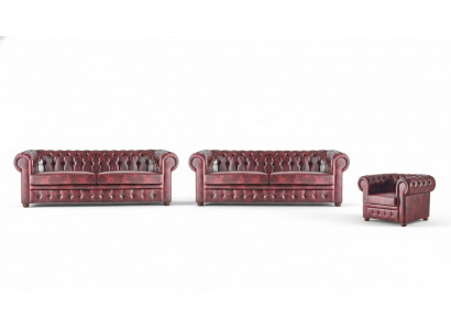 Klassieke leren bank, bankstellen, 3-zitsbank, fauteuil Chesterfield set 3-delig.