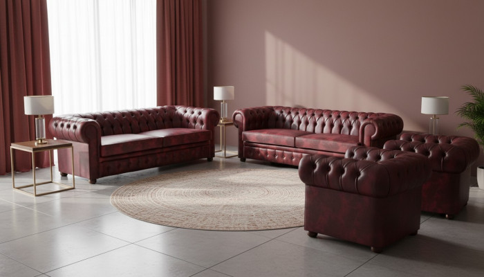 Lederset van leder 3-zits fauteuil Bordeaux Chesterfield gestoffeerd sofa leer 4-delig