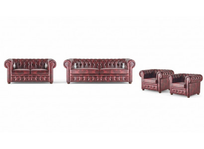 Sofagarnituur Set Bank Chesterfield 3-zits 2-zits Fauteuil Bordeaux Set 4-delig.