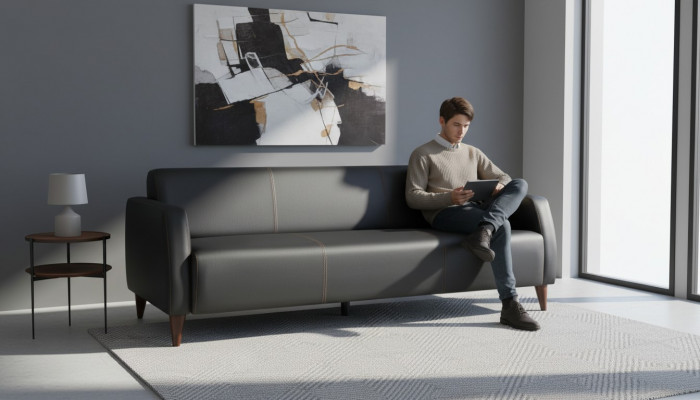 Ledersofa 3-zitsbank Zwart Leer Hout Modern Veelzijdig Zacht