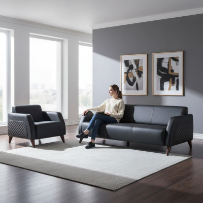 Leren banksstellen Set 3-zits Fauteuil Zwart Bankstel Modern Sofa-Set Zitmeubilair