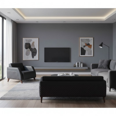 Leren banksstellen Set 3-zits Fauteuil Zwart Bankstel Modern Sofa-Set Zitmeubilair