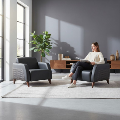 Lederen fauteuil set zwart loungestoel hout 1-zitter modern bekleding zacht