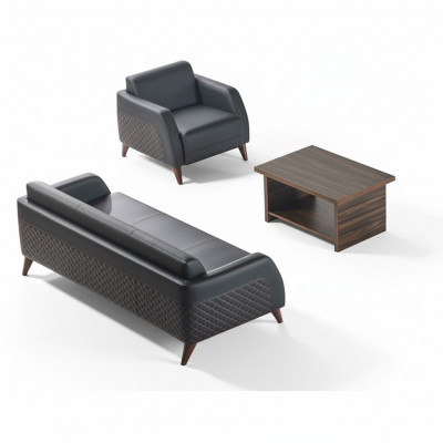 Sofa-set lederen bank zwart 3-zits fauteuil bruin salontafel modern leer