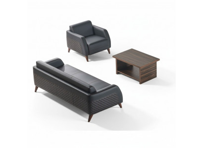 Sofa-set lederen bank zwart 3-zits fauteuil bruin salontafel modern leer