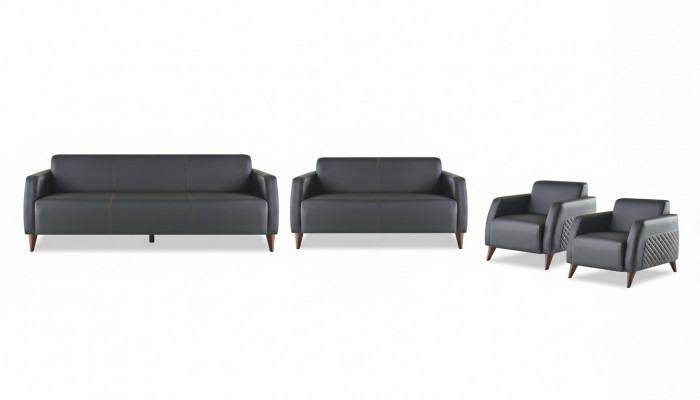 Compleet set zitmeubels 3-zitsbank 2-zitsbank fauteuil zwart modern leer hout