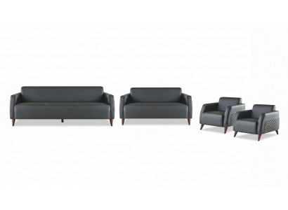 Compleet set zitmeubels 3-zitsbank 2-zitsbank fauteuil zwart modern leer hout