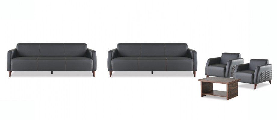 Compleet set lederen bank zwart 3-zits fauteuil salontafel hout leder 4-delig.