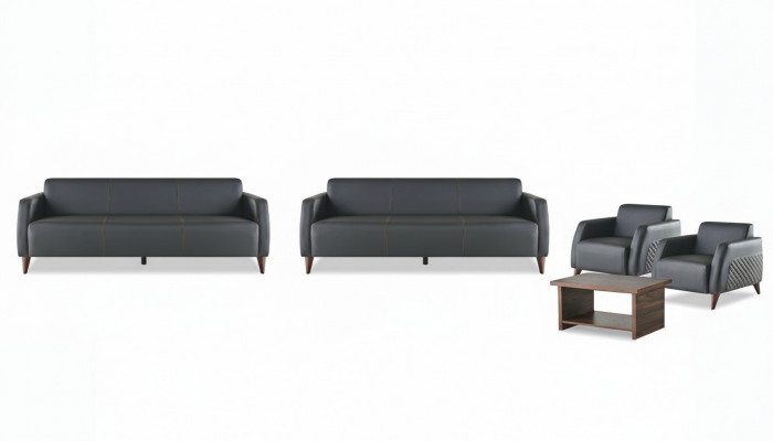 Compleet set lederen bank zwart 3-zits fauteuil salontafel hout leder 4-delig.