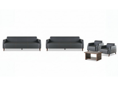 Compleet set lederen bank zwart 3-zits fauteuil salontafel hout leder 4-delig.