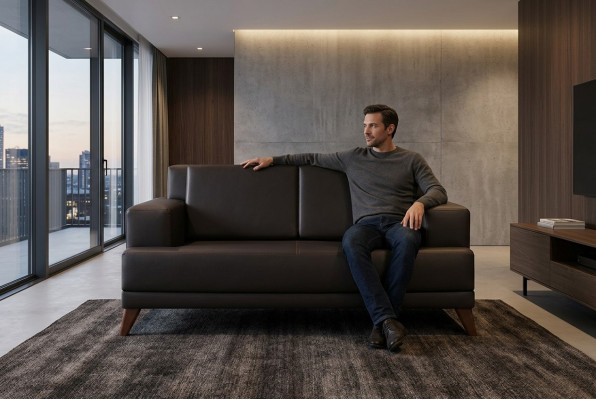 Bank Leren 2-Zits Sofa Zwart Effen Modern Design Leren Bank Hout