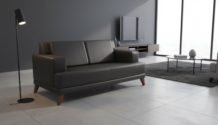 Bank Leren 2-Zits Sofa Zwart Effen Modern Design Leren Bank Hout