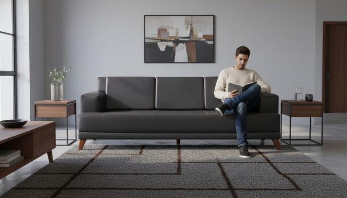 Lederen bank Modern 3-zits Zwart Effen Bank Bekleding Kussen Hout