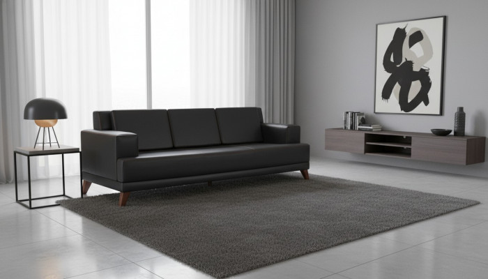 Lederen bank Modern 3-zits Zwart Effen Bank Bekleding Kussen Hout