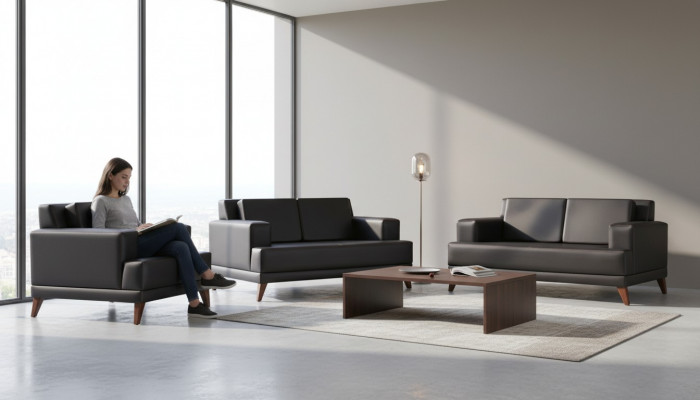 Komplett zitmeubel 2-zits fauteuil zwart modern gestoffeerd kussen leer