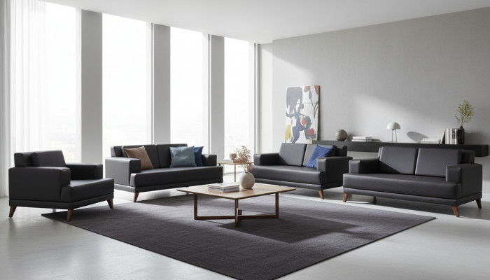 Komplett zitmeubel 2-zits fauteuil zwart modern gestoffeerd kussen leer