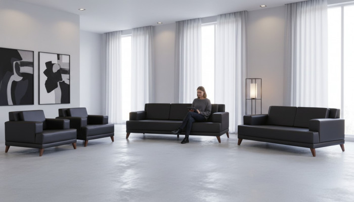 Leren bankstellen set 3-zits 2-zits 2x fauteuils zwart bekleding kussen hout