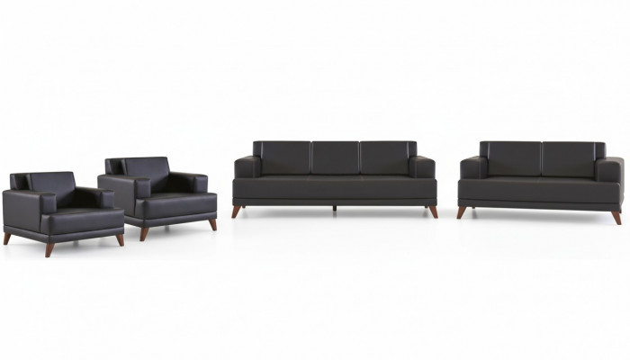 Leren bankstellen set 3-zits 2-zits 2x fauteuils zwart bekleding kussen hout