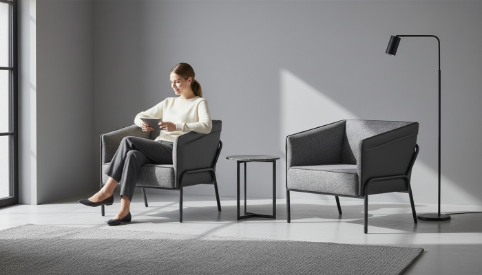 Leunstoel Set Fauteuil Leder Textiel Roestvrij staal Modern 1-zitter Grijs Hout