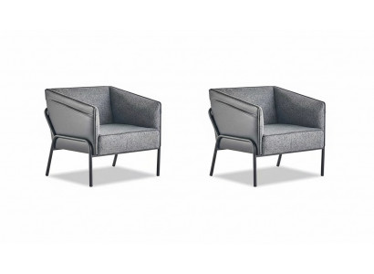 Leunstoel Set Fauteuil Leder Textiel Roestvrij staal Modern 1-zitter Grijs Hout