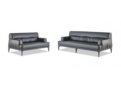 Sofa-set Modern 3-zits 2-zits Zwart Banken Leer Roestvrij staal Hout