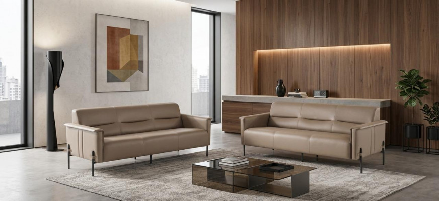Ledersofa 3-zits roestvrij staal beige modern roestvrijstalen bank leer hout