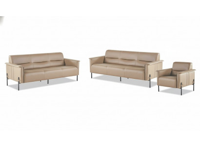 Lederen banken beige roestvrij staal set 3-zits fauteuil modern leer hout bank.