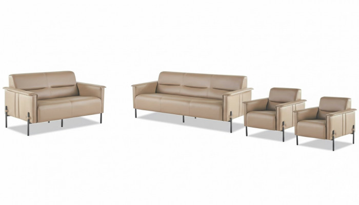 Compleet Modern Bankstel 3-Zits 2-Zits Fauteuil Beige Leren Bankstel Hout