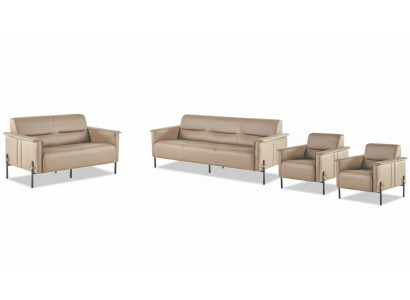 Compleet Modern Bankstel 3-Zits 2-Zits Fauteuil Beige Leren Bankstel Hout