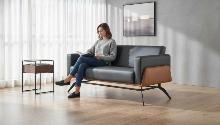 Bank Zwart Bruin Sofa 2-Zits Leren Bank Modern Roestvrij Staal Leder Hout