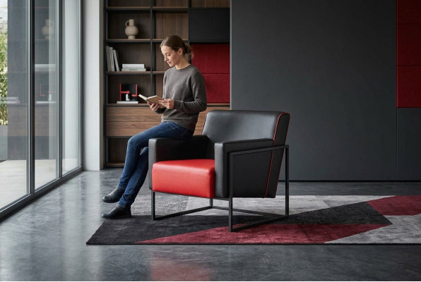 Leunstoel Zwart Rood Fauteuil Leder Modern Roestvrij Staal Hout 1-Zitter
