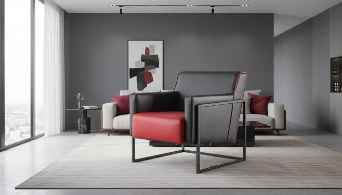 Leunstoel Zwart Rood Fauteuil Leder Modern Roestvrij Staal Hout 1-Zitter