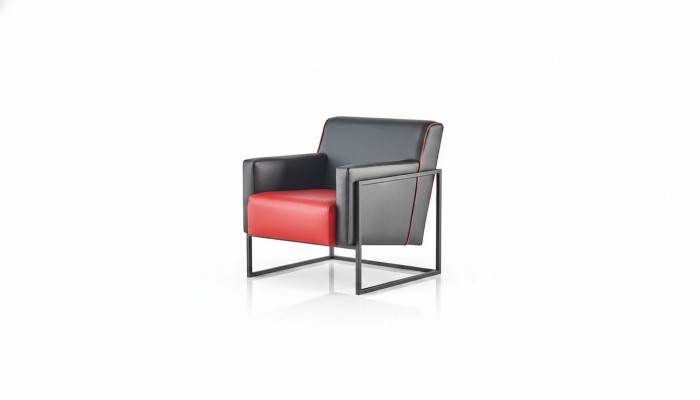 Leunstoel Zwart Rood Fauteuil Leder Modern Roestvrij Staal Hout 1-Zitter