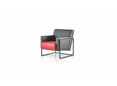 Leunstoel Zwart Rood Fauteuil Leder Modern Roestvrij Staal Hout 1-Zitter