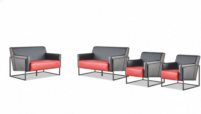 Bankstellen Set Zwart Rood Banken 2-Zits Fauteuil Leunstoel Leer