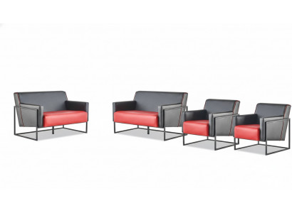 Bankstellen Set Zwart Rood Banken 2-Zits Fauteuil Leunstoel Leer