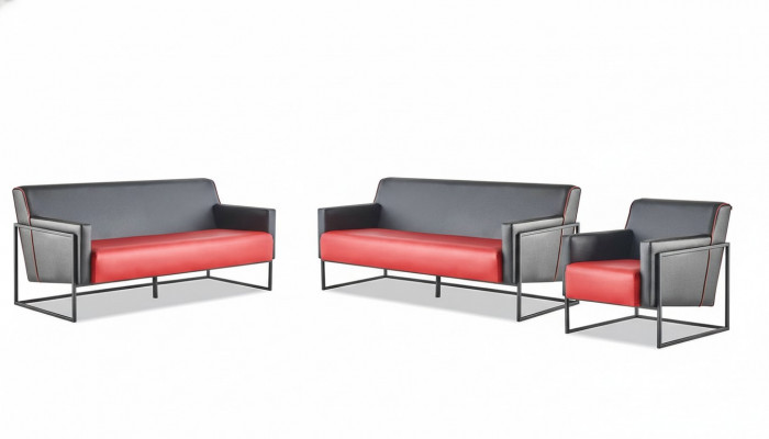 Sofa-Set 3-zits fauteuil zwart rood lederen sofa's leer roestvrij staal hout