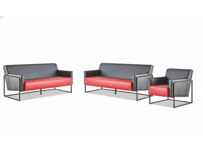 Sofa-Set 3-zits fauteuil zwart rood lederen sofa's leer roestvrij staal hout