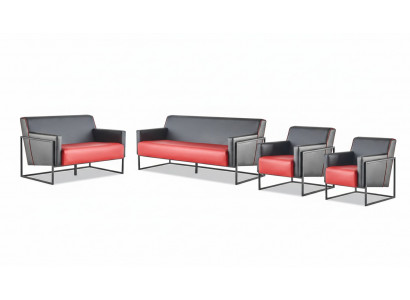 Compleet set 3-zits fauteuil zwart rood sofa-set leer roestvrij staal hout