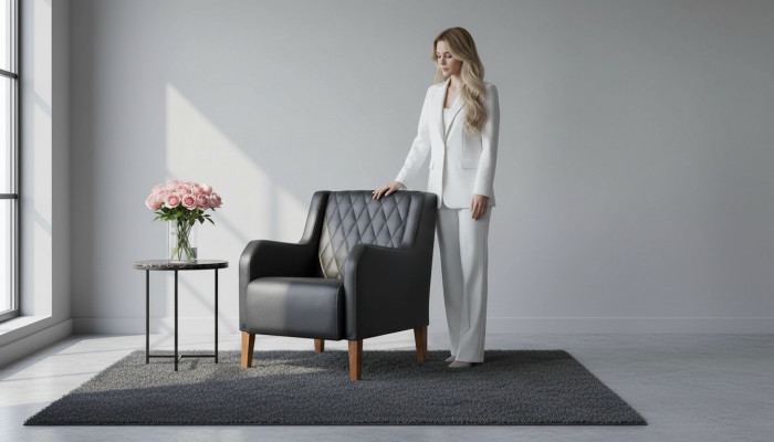 Leunstoel Zwart Fauteuil Leder Hout Modern 1-Zitter Zacht Zitmeubilair