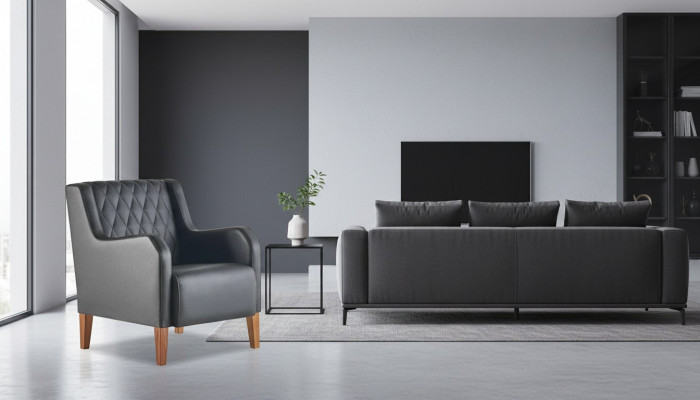 Leunstoel Zwart Fauteuil Leder Hout Modern 1-Zitter Zacht Zitmeubilair