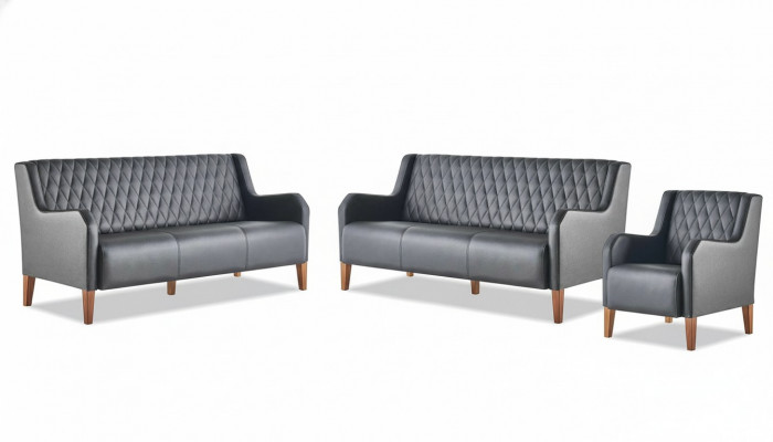 Bankstellen-set 3-zits fauteuil zwart leer modern houten sofa's