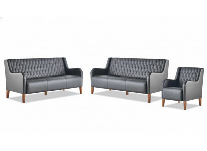 Bankstellen-set 3-zits fauteuil zwart leer modern houten sofa's