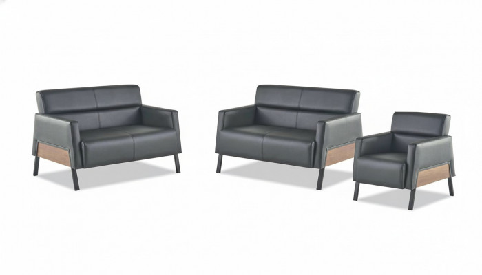 Moderner Set 2-zits fauteuil Zwarte leren banken Bank Leer Zacht Hout