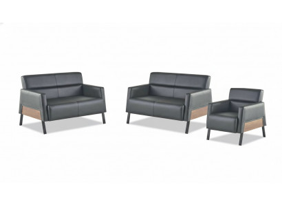 Moderner Set 2-zits fauteuil Zwarte leren banken Bank Leer Zacht Hout