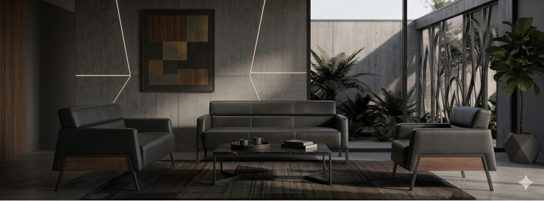 Lederen bankstel zwart leer modern 3-zits 2-zits fauteuil zitmeubilair
