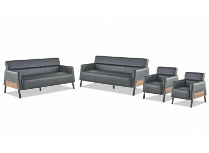 Sofa-set 3-zitsbank 2x fauteuils zwart leren sofa's modern leer hout zacht