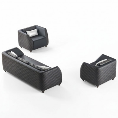 Lederenbanken 3-zits fauteuil zwart complete bank modern gestoffeerde kussen.